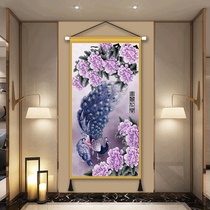 New Chinese-style porch Peacock canvas hanging painting living room large vertical decoration hanging cloth corridor wall fabric tapestry