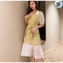  Super fairy dress mid-length 2020 summer new fashion stitching waist bow lace-up plaid skirt