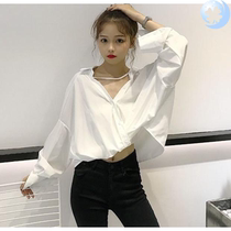  Spring new ins careful machine shirt female student Korean version loose temperament V-neck long-sleeved white shirt female irregular