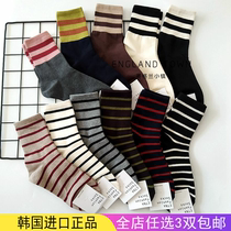Korean womens gray stripes tight mouth autumn and winter cotton long medium socks Japanese tide ins Net red trembles with super fire