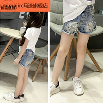 2019 summer womens wear broken hole Pearl jeans middle-aged children Baby Childrens denim shorts pants five-point pants