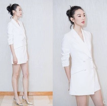 Europe 2020 spring new Tong Yao with the same white double-breasted slim slim green fruit collar suit dress