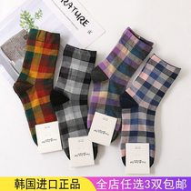 Korean retro checkered children autumn and winter long cotton pile socks dark black Japanese ins tide with small leather shoes