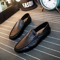 Spring and summer spirit All-black male Doudou shoes flat social guy small leather shoes a pedal does not lace up cheap shoes