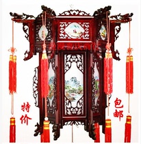Chinese landscape painting Antique imitation sheepskin wooden palace lamp Wood carving Teahouse Hexagonal palace lamp Red lantern 