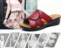 Summer fashion flat leather red black mother sandals 40 years old 50 non-slip middle-aged womens sandals plus size 41