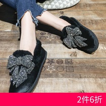 European station womens shoes 2017 Winter new horse hair rhinestones bow Bean shoes Wool Wool Lounger womens shoes tide