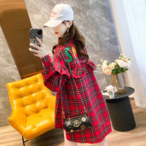 Spring dress new Korean version of large size shirt Plaid long sleeve coat maternity dress long style out pregnant mother