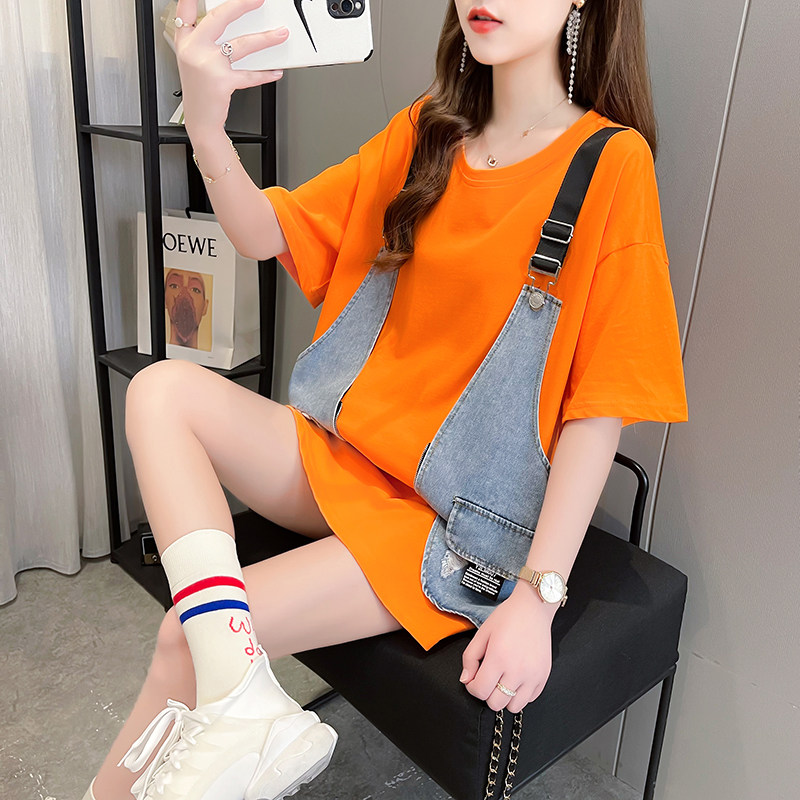 Summer dress new large size size fat mm short sleeve t-shirt female blouse loose foreign loaded gestation and fake two fashion thin pieces