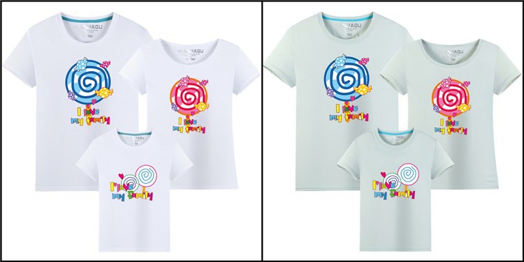 Mùa hè ngắn tay cha mẹ-con mặc áo thun cotton họa tiết kẹo mút cho trẻ em đi du lịch mặc gia đình đầy đủ 3 quần áo bé trai