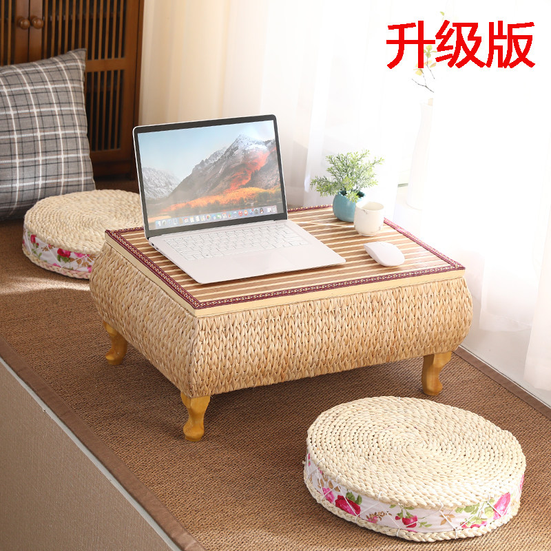 Straw and rattan low table Japanese simple solid wood Kang table Creative Tatami low table can be stored in the bay window small coffee table