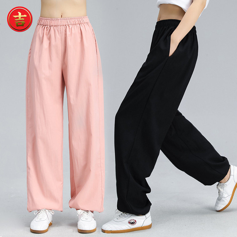 Spring and summer new loose solid color tai chi clothing practice pants for men and women home meditation kung fu yoga lantern pants