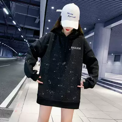 Hooded plus velvet plus thick cotton T women's large size casual pullover autumn and winter new trend loose lazy wind jacket top