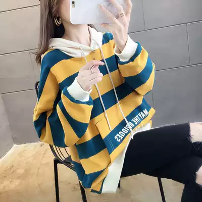 Plus velvet sweater women's spring, autumn and winter new pullover lazy wind striped hooded loose Korean thin net red top