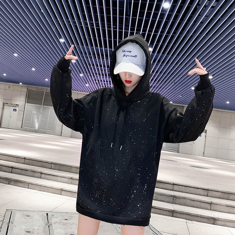 Autumn and winter plus velvet thick cotton T women's hooded pullover new large size loose large size shiny coat top trendy