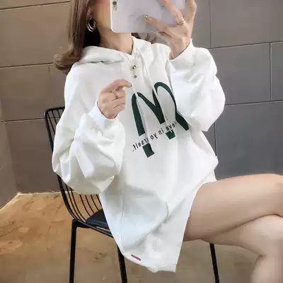 Super fire sweater women's large size hooded autumn and winter new plus velvet thickened lazy wind loose medium jacket head coat tide