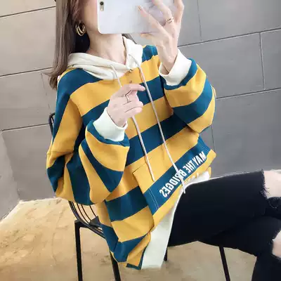 Pure cotton striped hooded sweatshirt women's trend 2020 spring and autumn loose Korean warm shirt lazy wind large size pullover