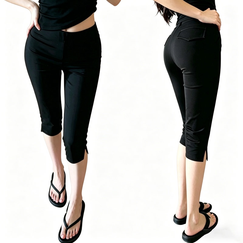 Capri Pants with Stretch, Slim Fit, Slimming Effect, Women's Side Slit Cropped Pants, Black Capri Casual Shorts