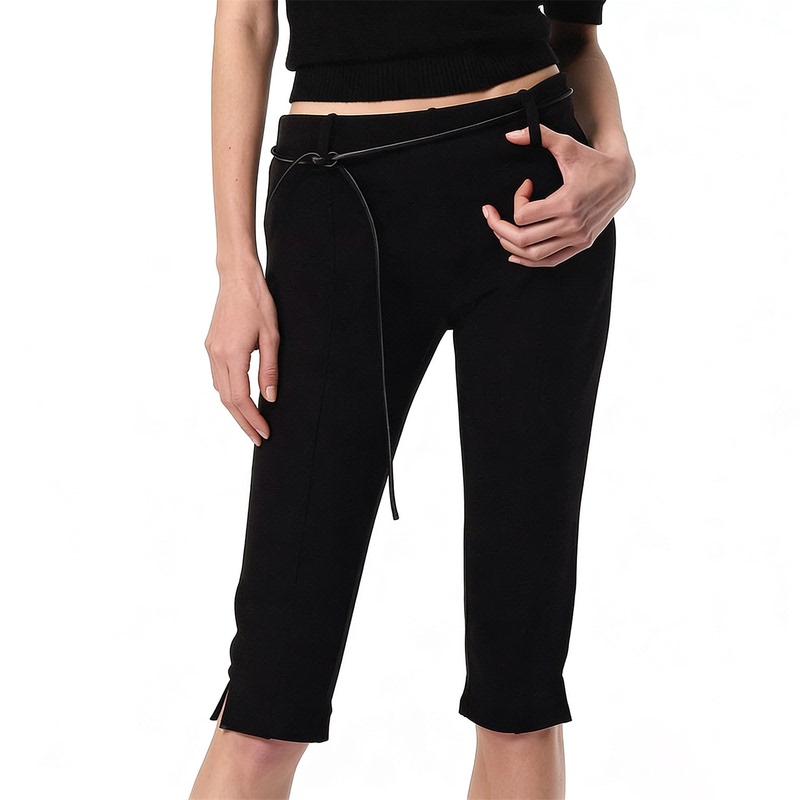 In-Stock Ra Same Style "Capri Pants" Mid-Waist Elastic Slimming Fitted Cropped Pants with Slit Black Leggings