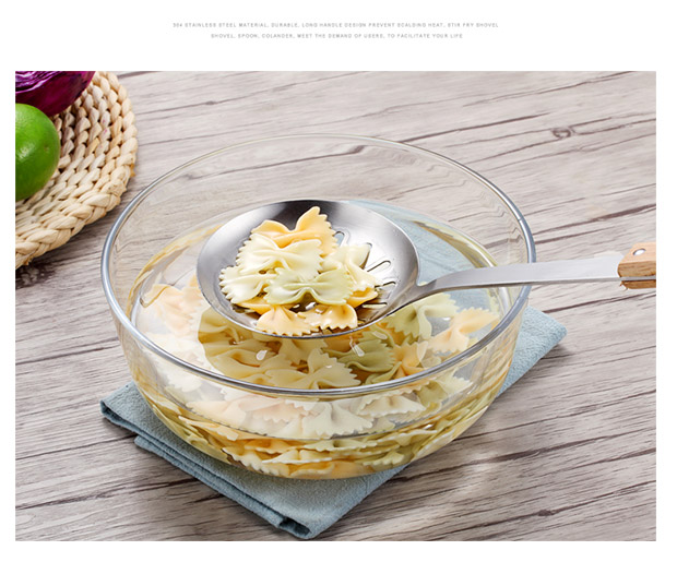 Bếp thép không gỉ thìa tay cầm bằng gỗ nấu ăn xẻng xẻng muỗng colander bếp dụng cụ nấu ăn tay cầm dài muỗng xẻng chảo inox chống dính