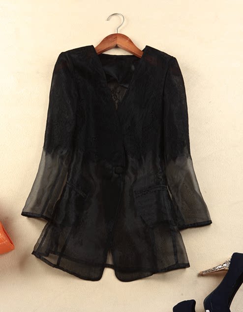 2023 spring new V-neck organza jacket thin lace stitching mid-length three-quarter-sleeved suit jacket women