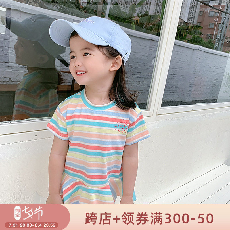 Yang Mejia Children's Clothing 2022 Summer Dress New Girl Stripe Crash Color T-shirt Children 100 Hitch Lotus Leaf Side Blouse
