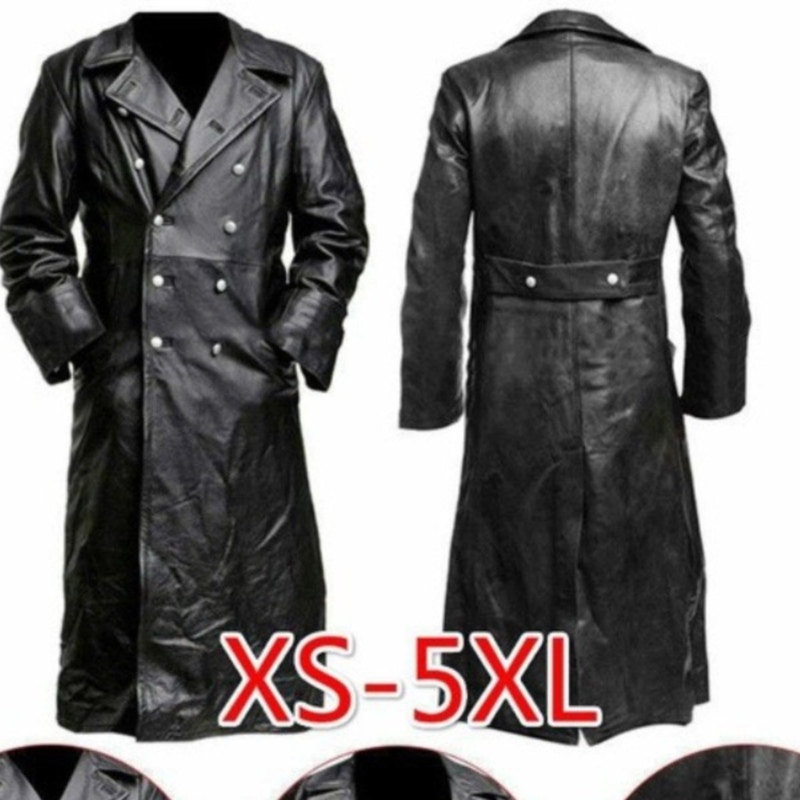 European and American Style Casual Large Size Long Leather Trench Coat for Men, Double-Breasted Suit Collar Leather Jacket, Cos German Military Uniform Leather Coat