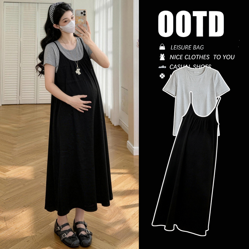 Maternity Dress Summer Top + Suspender Skirt Two-Piece Set, Stylish and Concealing, Not Revealing Pregnancy, Trendy Outfit for Pregnant Women