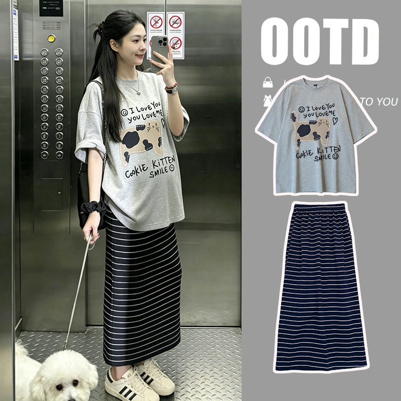 Maternity Tops, Summer Pure Cotton Short-Sleeved T-Shirts + Skirt Suits, Stylish and Not Revealing Pregnancy, Trendy Outfits for Pregnant Mothers