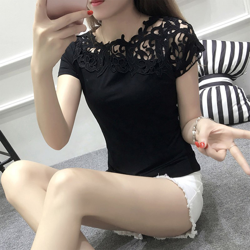 Pure Cotton Short-Sleeved T-Shirt for Women 2026, Youthful and Elegant, Slim-Fitting, Stylish and Trendy Hollow Lace Top