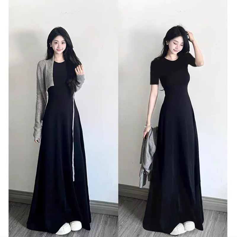 High-End Elegant Casual Long Dress, Korean Style Round Neck Long Dress, New Slim-Fit Black Dress