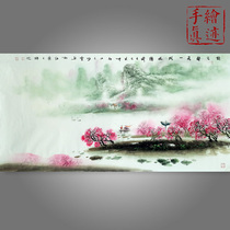 Famous hand-painted authentic four-foot ink painting freehand Peach blossom mountain water painting Chinese living room tea room decoration painting Return from a visit to friends