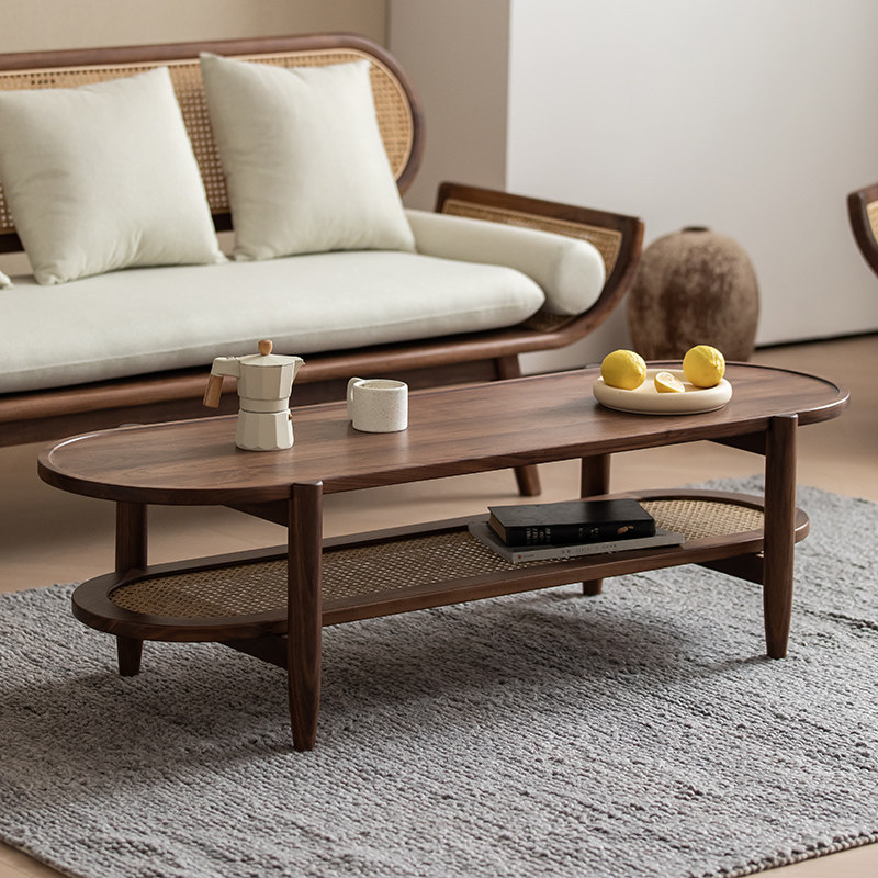 North American black walnut rattan coffee table cherry wood Nordic retro Japanese style small apartment living room simple double-layer tea table - Taobao