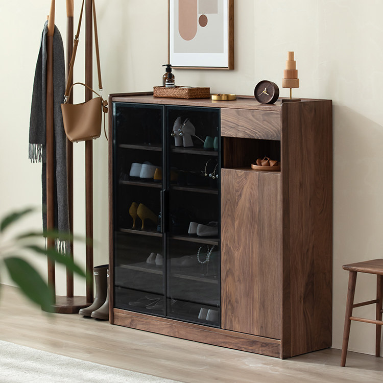 North American black walnut shoe cabinet porch art door to door Nordic modern solid wood log whole frame structure cabinet