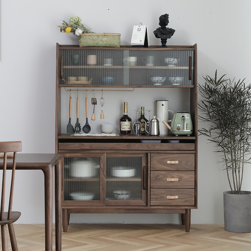 North American Black Walnuts Wood Dining Cabinet Nordic Luxurious Multi-Function Accommodating Glass Ramen Dining Room Small Family Type Containing Cabinet