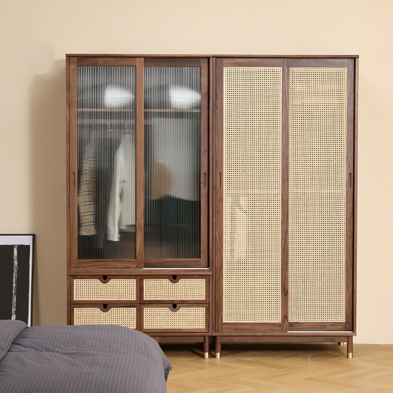 North American black walnut rattan wardrobe bedroom glass home wardrobe multifunctional flat door simple solid wood cabinet - Taobao