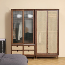 North American black walnut rattan wardrobe bedroom glass home wardrobe multi-functional swing door simple solid wood cabinet