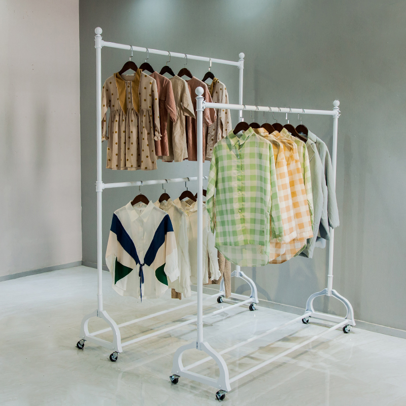 Clothing store display rack floor-to-ceiling double-layer pole coat and hat rack movable lifting and lowering clothes pants hanging hanger wheels