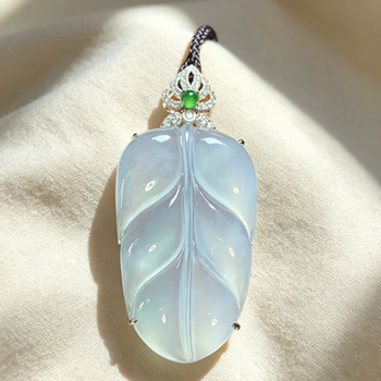 Jade high ice floating pure white large leaf pendant 18k gold inlaid jade pendant 0062