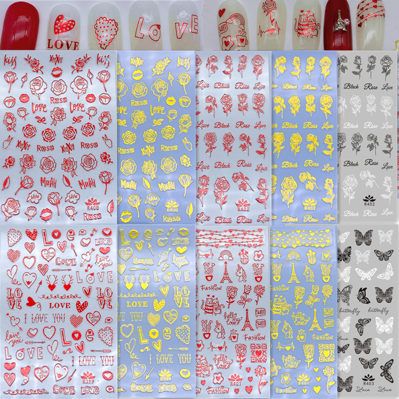 Valentine's Day Nail Stickers, Bridal Nail Stickers, Wedding Gold-Stamped Festive Flower Nail Decals, Popular Foreign Trade Nail Stickers