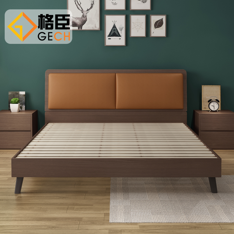 Modern minimalist bed Small bedroom solid wood bed Nordic master bedroom economy 15m large bed