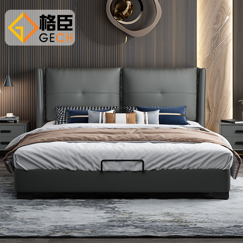 Italian minimalist leather bed Modern minimalist double master bedroom king bed Nordic solid wood light luxury soft package wedding bed