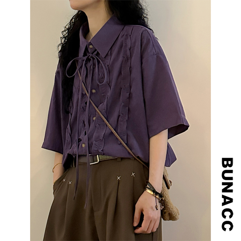 Bunacc2026 Summer Loose Short-Sleeved Shirt French Retro Hong Kong Style Lace-Up Casual Top for Women Bunacc2026 Summer Loose Short-Sleeved Shirt French Retro Hong Kong Style Lace-Up Casual Top for Women