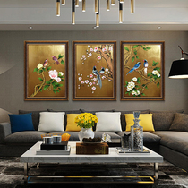 Modern simple new Chinese eyebrow flower and bird oil painting pure hand-painted sofa background wall painting meticulous painting gold foil painting