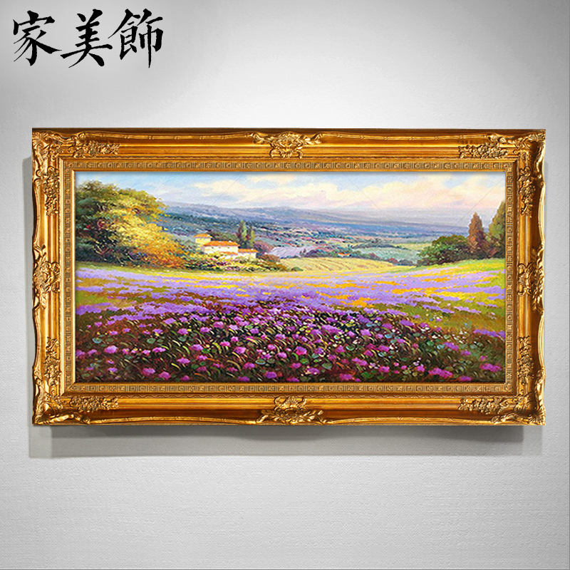 European-style living room lavender sofa background wall hand-painted decorative painting rural landscape oil painting hotel villa hanging painting