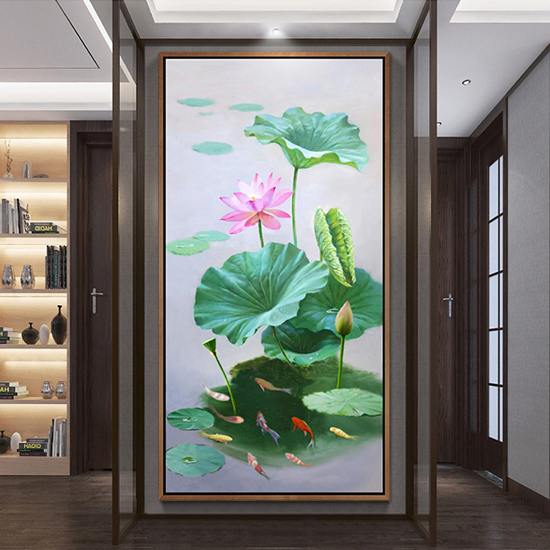 Hand-painted oil painting hanging painting living room entrance entrance decorative painting simple new Chinese corridor aisle lotus nine fish mural