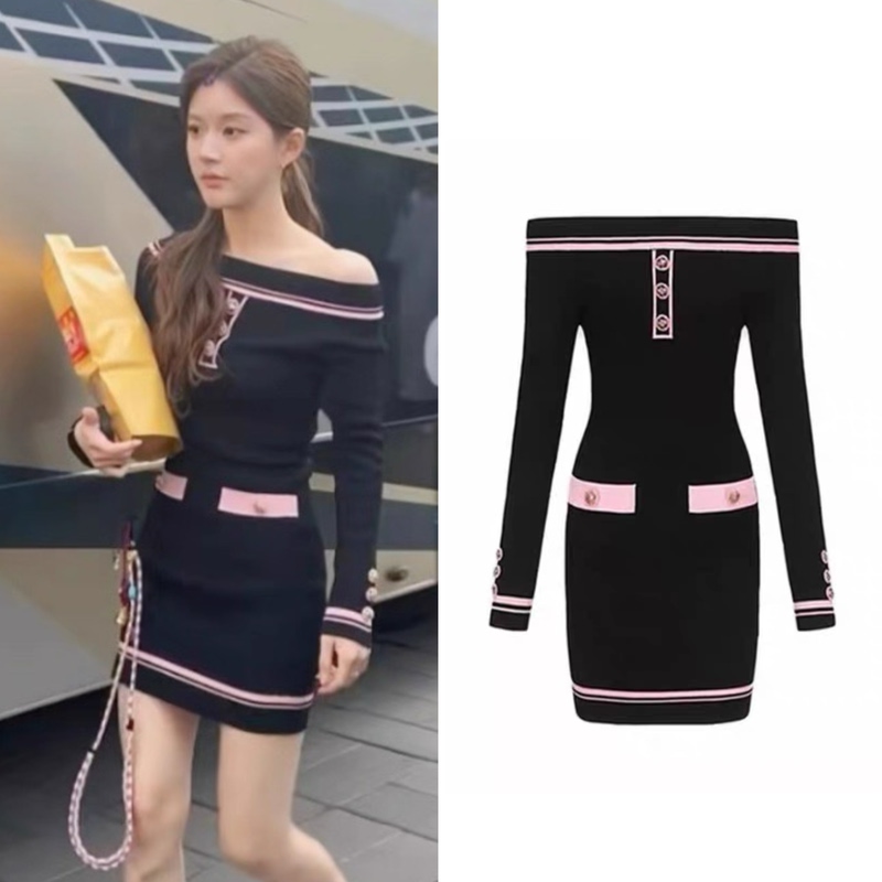 Xu Meiyang, Zhao Lusi, and Xu Yan All Wear the Same Black Off-The-Shoulder Knitted Dress, a Slim-Fitting, Color-Blocked, Bodycon Mini Skirt