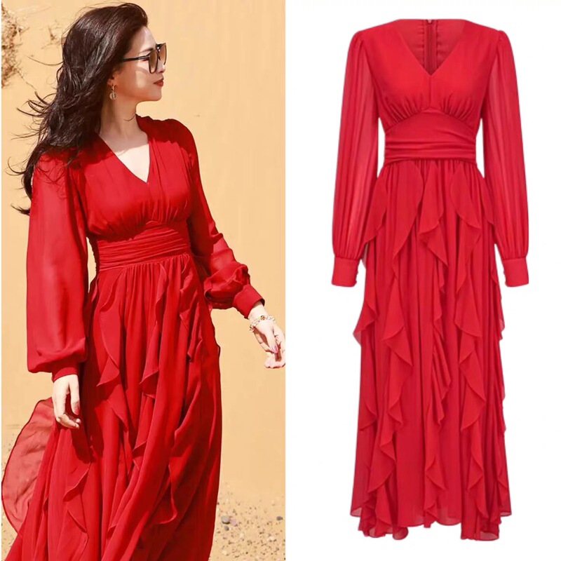 Red Dress Similar to the One Worn by Zhu Zhu Xu in the Drama, French Retro Style with Ruffled Waist, Vacation Style Long Dress