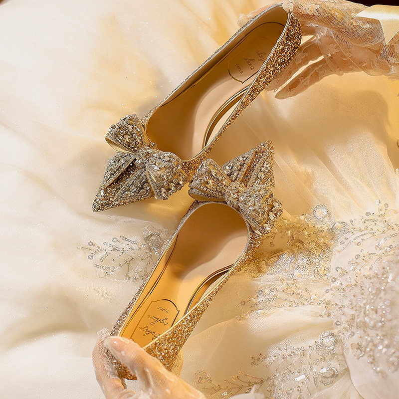 Women's wedding shoes 2024new arrivalfall and winter bridal shoes hexiu  main wedding dress two-wear crystal