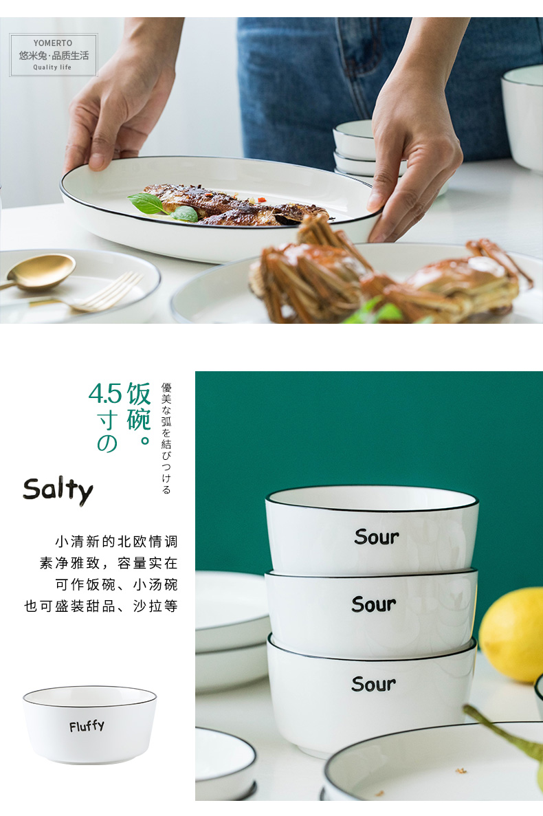 Bát cơm gốm dễ thương bát 1 bộ đồ ăn ưa nhìn để ăn mì Bắc Âu in bát súp kiểu Nhật dĩa trắng